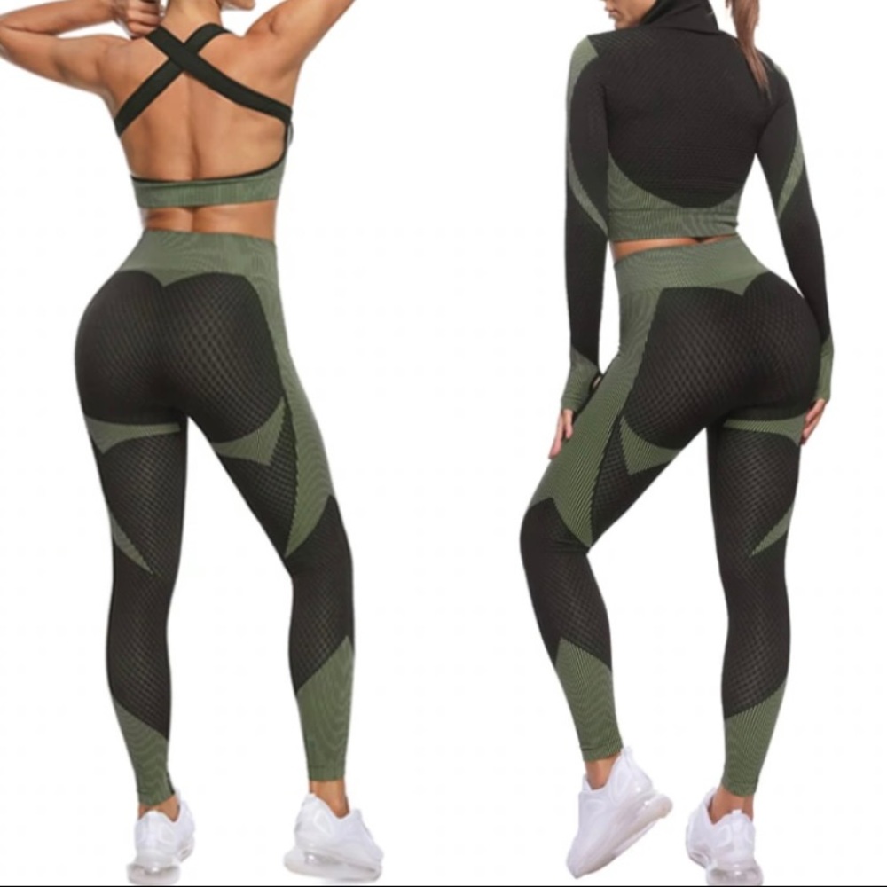 High Waisted Patch design Yoga Pant Army Green/Black Sz Medium - Picture 2 of 3